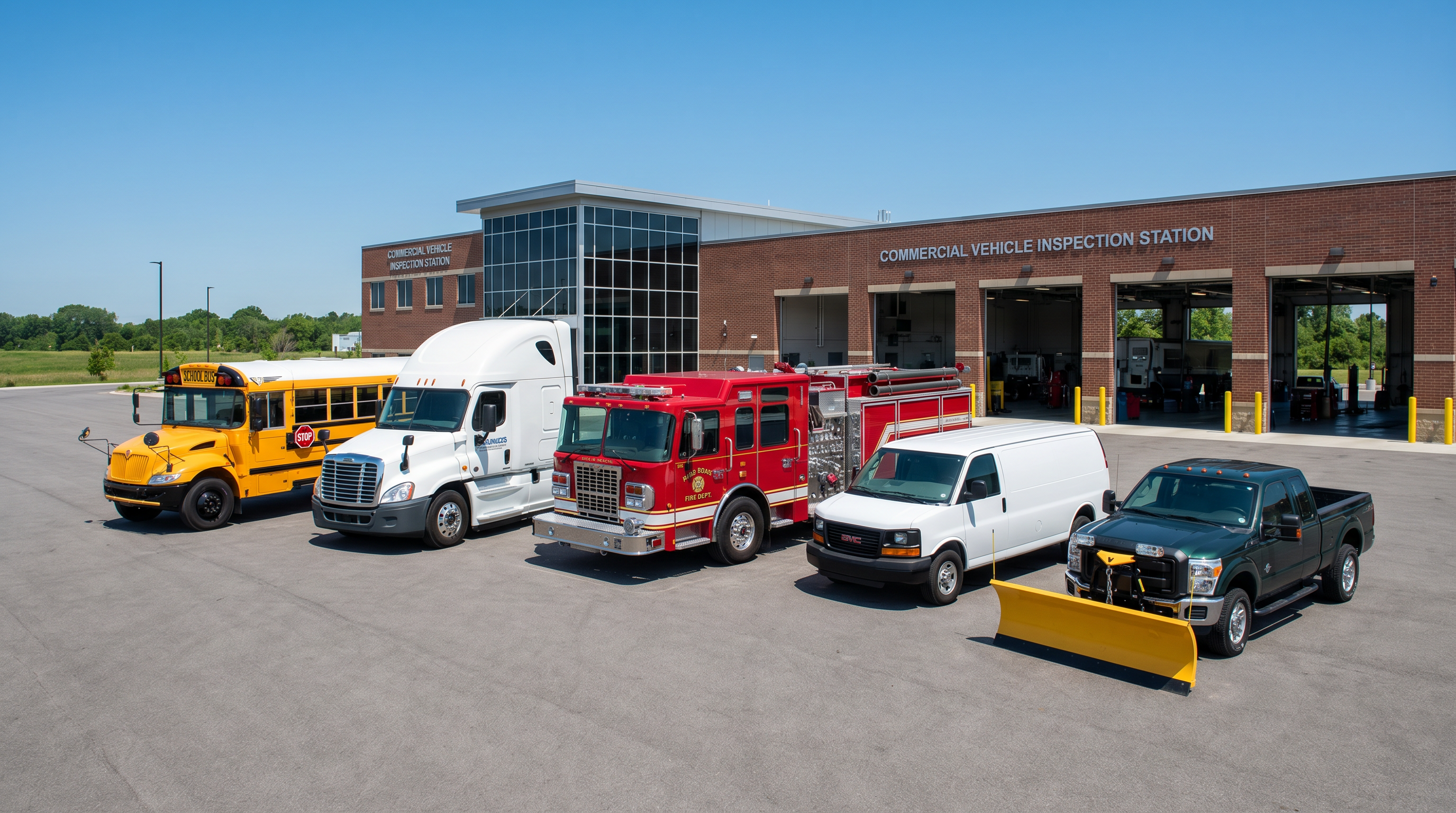 Diverse fleet of commercial vehicles at Elgin DOT Safety Lane